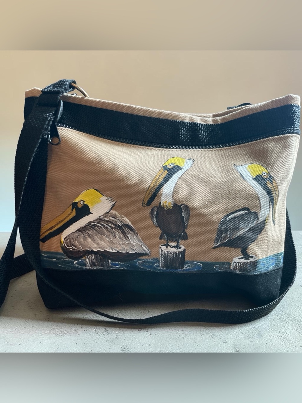 Hand-Painted Pelican Crossbody Bag in Tan and Yellow